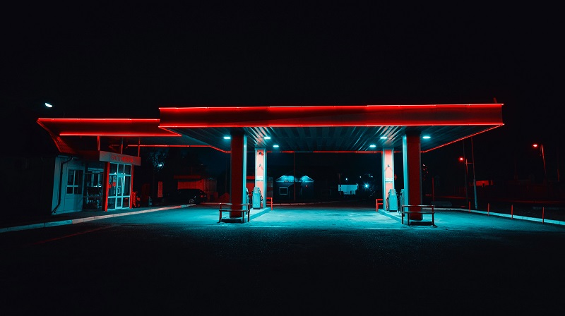 Decorative Commercial Outdoor Lighting View of a Gas Station with Decorative Lighting at Night